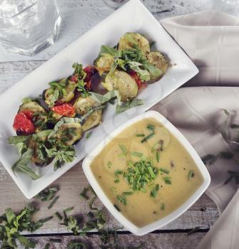 Potato And Cheddar Soup With Roasted Vegetables