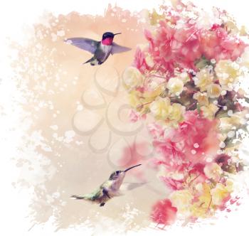 Digital Painting of  Hummingbirds in Flight Around Flowers