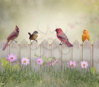 Backyard Birds Perching on Wooden Fence 