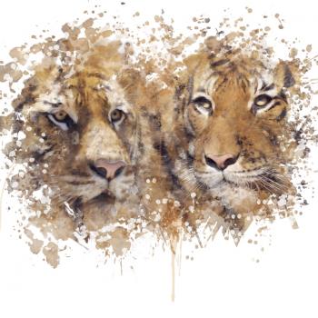 Digital Painting of Two Tigers Heads