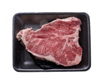 t-bone steak in a tray isolated on white background