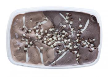 chocolate ice cream in a plastic box isolated on white background