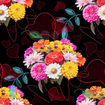 seamless floral pattern with hearts and leaves