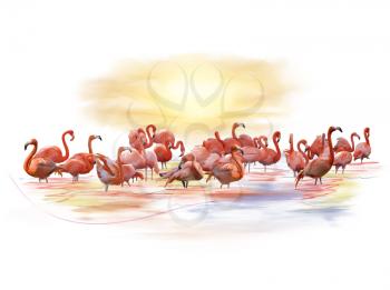 Digital Painting of  Pink Flamingos 