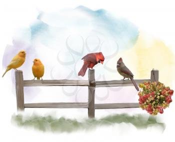Digital Painting of  Birds on a Fence