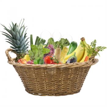 Fresh fruits and vegetables in a basket isolated on white background
