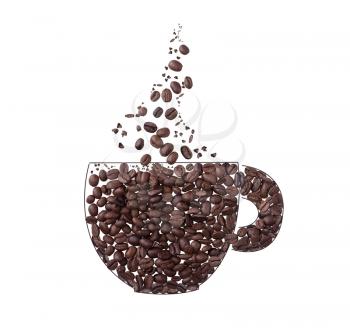 Coffee cup and steam made from coffee beans isolated on white background