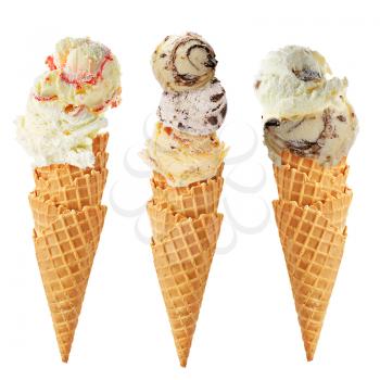 Variety of ice cream scoops in cones with chocolate, vanilla and strawberry isolated on white background