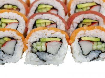 Sushi rolls with salmon and tuna isolated on white background