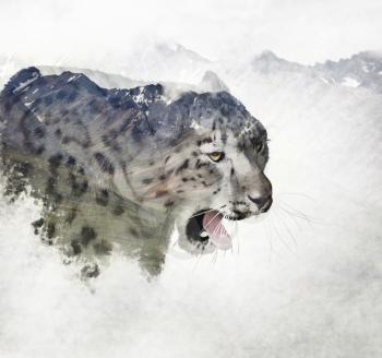Double exposure of a snow leopard head and mountains