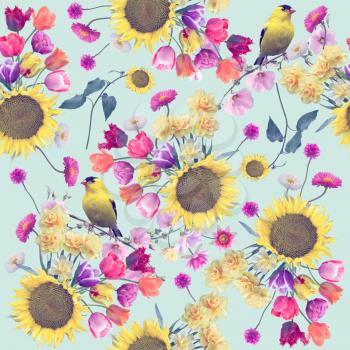seamless  floral pattern with birds . Endless texture for your design.
