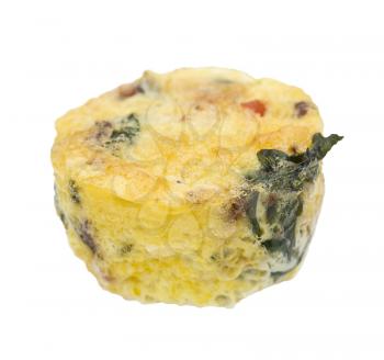 Egg muffin with spinach, bacon, cheese and tomatoes isolated on white