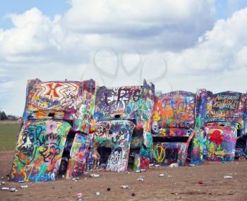 AMARILLO, TEXAS, USA - March 10 , 2019. Cadillac Ranch in Amarillo. Cadillac Ranch is a public art installation of old car wrecks and a popular landmark on historic Route 66