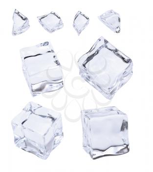 Ice and ice cubes, isolated on white background