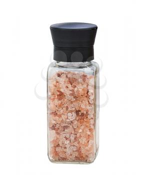 pink Himalayan salt crystals in a glass grinder isolated on white background