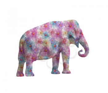Elephant  with flowers isolated on white background, side view.