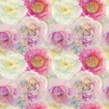 Watercolor Seamless floral design with rose flowers for background, Endless pattern.