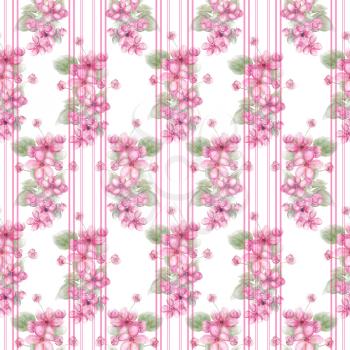 Watercolor Seamless floral design with pink flowers for background, Endless pattern.