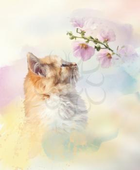 Fluffy red cat and pink flowers. Side view.Digital illustration.