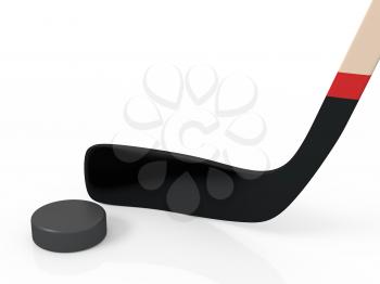close up of an ice hockey stick and puck isolated on white background