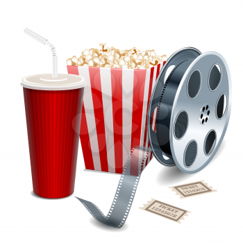 Movie showing with Popcorn, film reel and drinks. vector