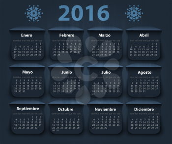 Calendar 2016 year vector design template in Spanish. EPS