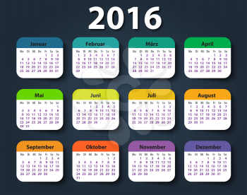 Calendar 2016 year German. Week starting on Monday. eps