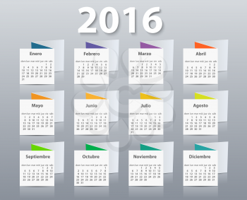 Calendar 2016 year vector design template in Spanish. EPS
