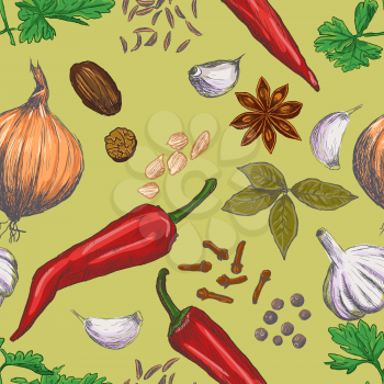 Hand drawn seamless set of organic spices. Vector illustration