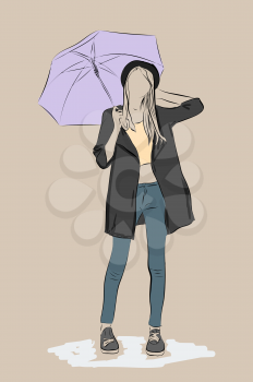 Hand drawn young women with umbrella. Vector illustration