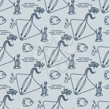 Seamless pattern with stingrays and fishs. Vector