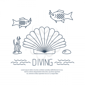 Diving icon with shell and fishs. Vector
