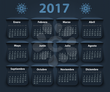 Calendar 2017 year vector design template in Spanish. EPS
