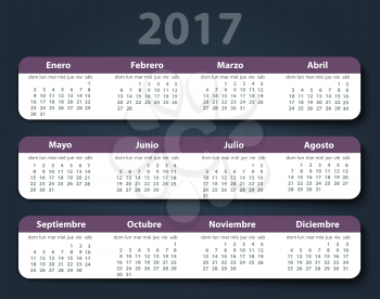 Calendar 2017 year vector design template in Spanish. EPS