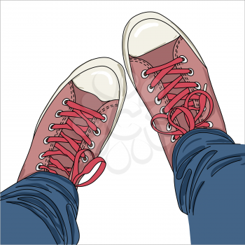 Legs with jeans in red gumshoes. Youth fashion. Vector illustration. EPS