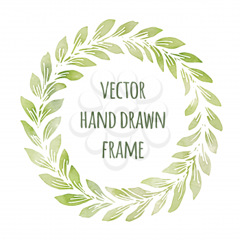 Hand drawn wreath set made in vector. Leaves garlands. Romantic floral design elements with watercolor green background.