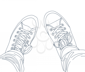 Hand drawn legs with jeans in gumshoes. Youth fashion. Line vector illustration. EPS