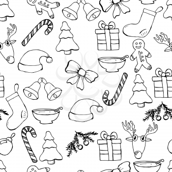 Hand drawn seamless christmas background. Black pen objects drawing. Design illustration for poster, flyer . EPS pattern