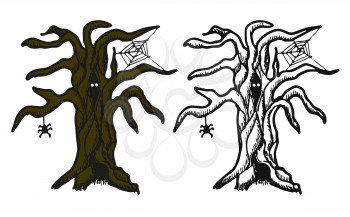 Hand drawn doodle Halloween tree. Black pen objects and color drawing. Design illustration for poster, flyer over white background.