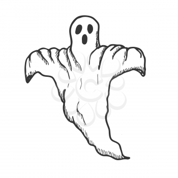 Hand drawn doodle Halloween ghost. Black pen objects drawing. Design illustration for poster, flyer over white background.