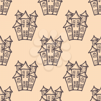 Illustration of hand drawn houses, seamless pattern. Vector background for for poster, flyer