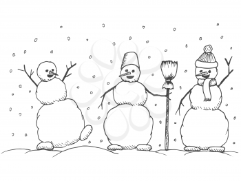 Hand drawn happy snowmans vector cartoon illustration. Christmas doodle
