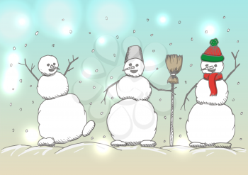 Hand drawn happy snowmans vector cartoon illustration. Christmas doodle