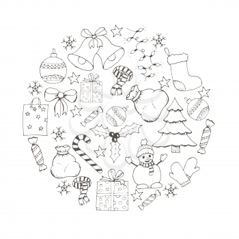 vector Christmas and new year hand drawn icons set. Doodle illustration