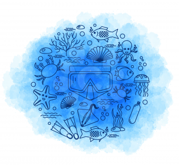 Diving icons set with fish and equipment. Vector
