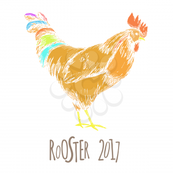 Rooster. Cock Illustration in Vintage hand drawn style. Grunge label, sticker for the farms and manufacturing depicting roster. Grunge label for the chicken product. Symbol of 2017 New Year. Vector il