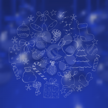 christmas blue background with doodle hand drawn icons. vector illustration