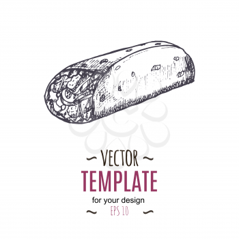Vector vintage burrito drawing. Hand drawn monochrome fast food illustration. Great for menu, poster or label.