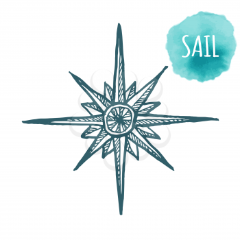 Nautical marine wind rose, compass icon for travel, navigation design. Hand drawn illustration for tattoo, print. Vector sketch in line art style on white background.