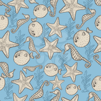 Hand drawn outline seafood illustration. Sketch seamless pattern